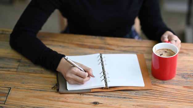 Junge Frau in Pullover Planung Arbeitsplan schreiben auf Notebook.