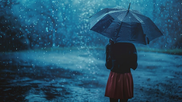 Junge Frau in Regenmantel mit Regenschirm, die an einem regnerischen Tag im Regen steht