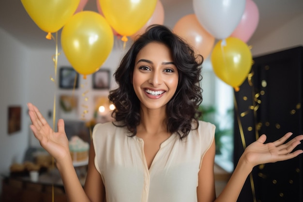 Junge Frau in seinem Zimmer mit buntem Luftballon und fröhlichem Gesichtsausdruck