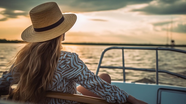 Junge Frau in Sommeranzug und Hut steht am Rand einer Yacht und blickt auf die wunderschöne Naturlandschaft