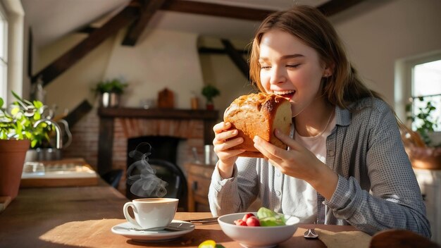 Junge Frau isst das Brot beim Frühstück