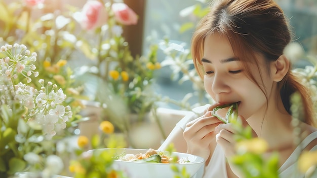Junge Frau isst gesundes Essen und sitzt im wunderschönen Innenraum mit grünen Blumen Generative KI