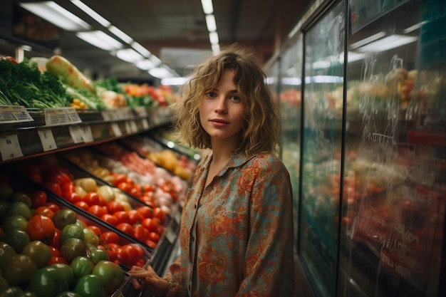 Junge Frau kauft Lebensmittel in einem Supermarkt ein. Generative KI