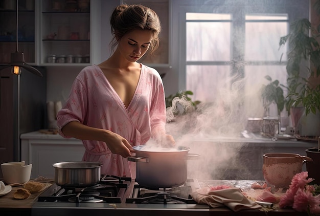 Junge Frau kocht Essen im Haus im Stil von Hellgrau und Rosa