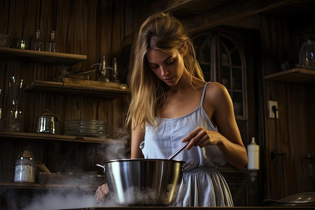 Junge Frau kocht Suppe in der Küche zu Hause Mädchen in einer weißen Schürze Frau fügt Salz in den Topf, während sie kocht KI generiert