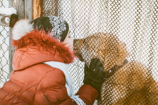 Foto junge frau küsst hund durch drahtnetz