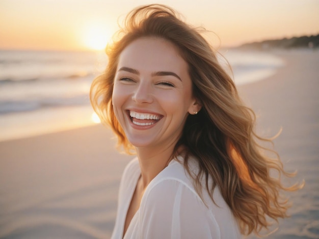 Junge Frau lacht glücklich am Strand bei Sonnenuntergang