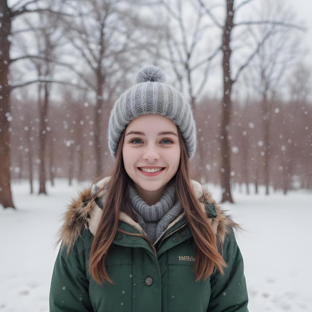 Foto junge frau lächelt im freien und genießt die schönheit der natur im winter
