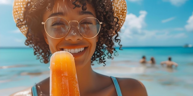 Junge Frau lächelt und genießt im Sommer ein Eiscreme am Strand in einem lebendigen Foto Konzept Outdoor Photoshoot Sommer Vibes Strand Spaß Lebendige Farben Glückliche Momente