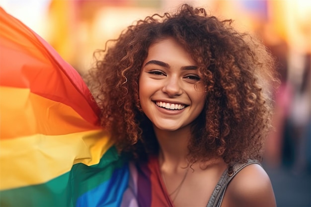 Junge Frau lächelt und hält LGBTQ-Stolz-Regenbogenfahne in der Hand