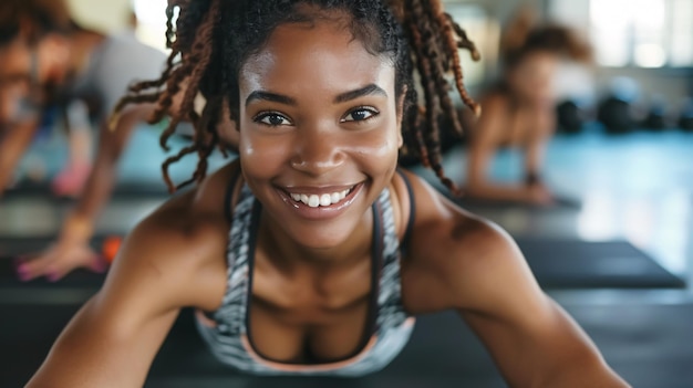 Junge Frau lächelt, während sie in einer Übungsklasse Pushups macht