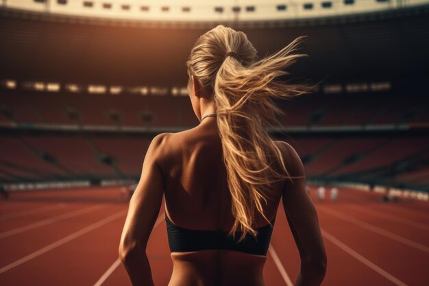 Junge Frau läuft an einem sonnigen Abend auf der Stadionbahn