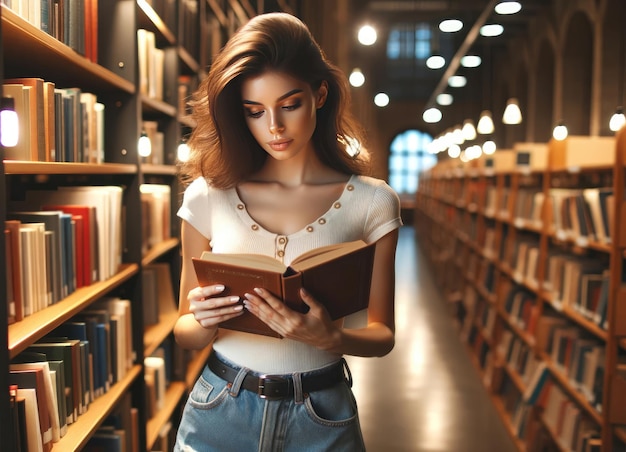Junge Frau liest Buch in der Bibliothek