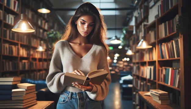 Junge Frau liest Buch in der Bibliothek