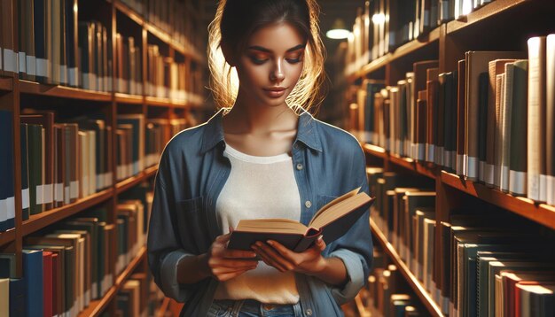 Junge Frau liest Buch in der Bibliothek