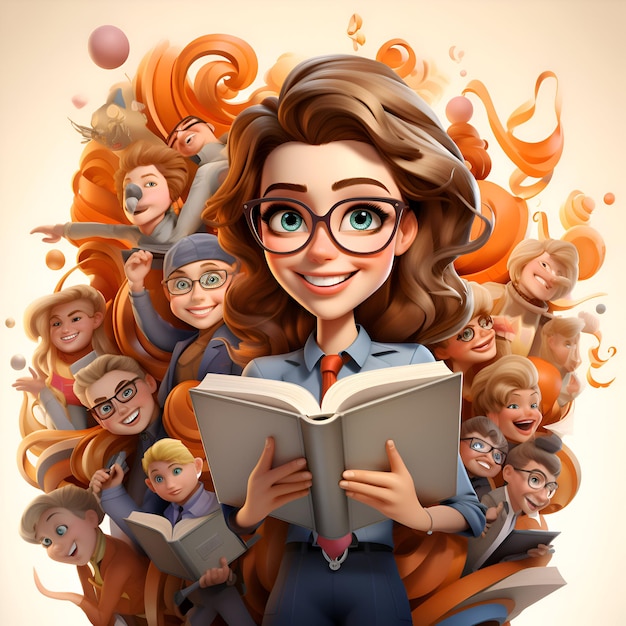 Junge Frau liest ein Buch mit Freunden um ihre 3D-Illustration herum