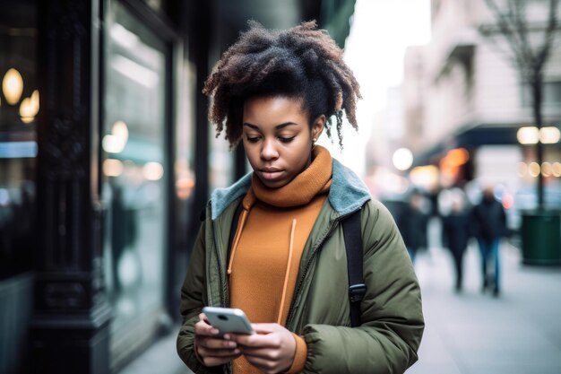 Junge Frau liest ihre Textnachrichten auf ihrem Handy, die mit generativer KI erstellt wurden