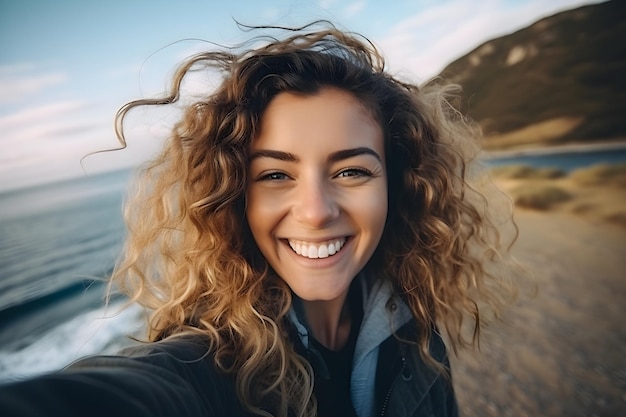 Junge Frau macht Selfie am Strand