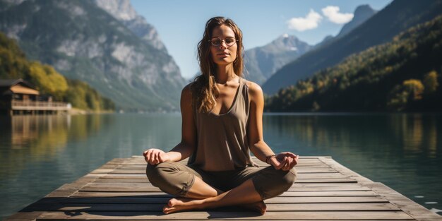 Junge Frau macht Yoga auf einer hölzernen Terrasse