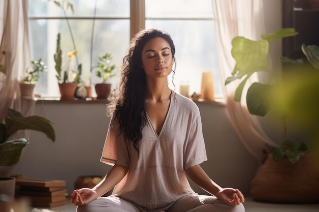 Foto junge frau macht yoga oder meditation zu hause