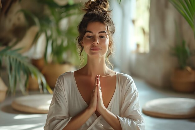 Foto junge frau macht yoga