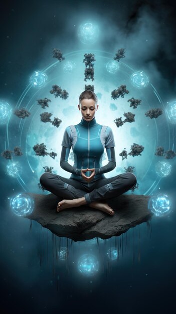 Junge Frau meditiert im Lotussitz auf dunklem Hintergrund mit generativen KI-Partikeln