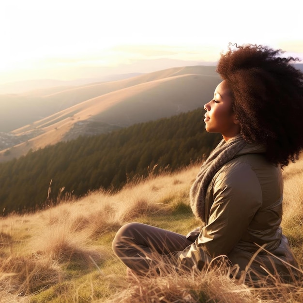 Junge Frau mit Afro-Frisur sitzt auf einem Hügel und meditiert