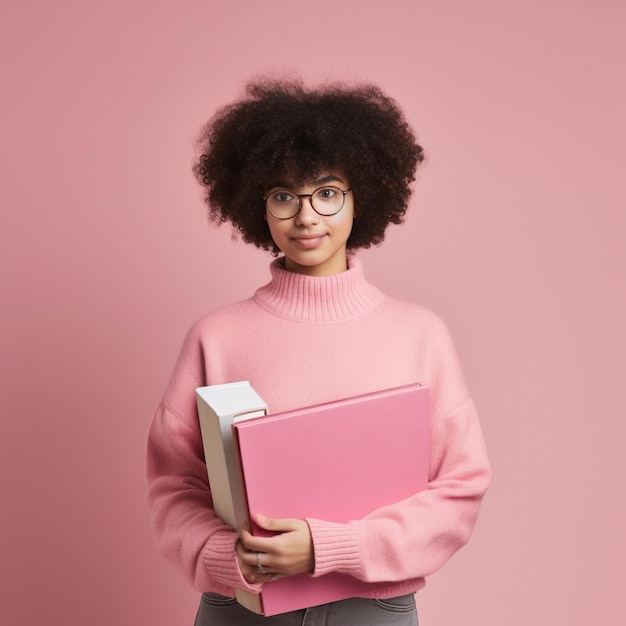 Junge Frau mit Afro-Haarschnitt, der rosa Pullover trägt und Lehrbücher hält