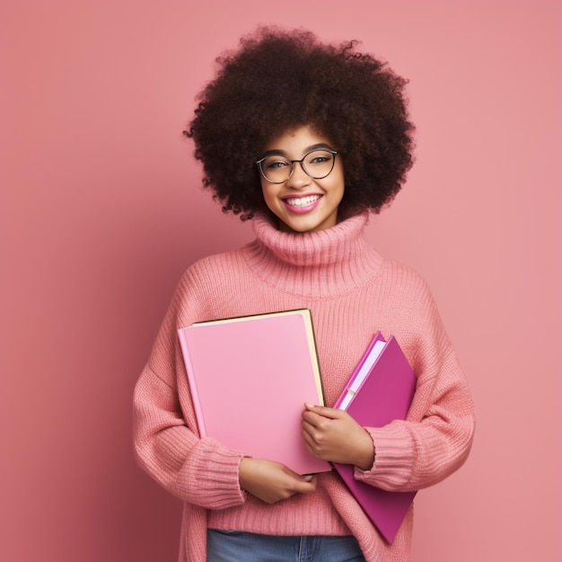 Junge Frau mit Afro-Haarschnitt, der rosa Pullover trägt und Lehrbücher hält