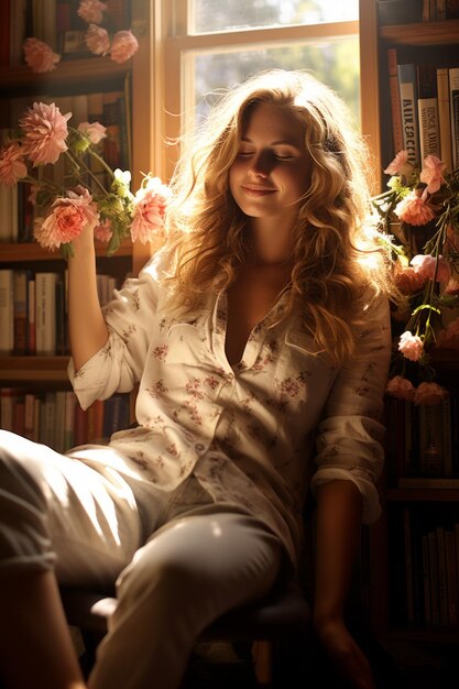 Junge Frau mit blonden Haaren sitzt in einer Bibliothek und hält rosa Blumen