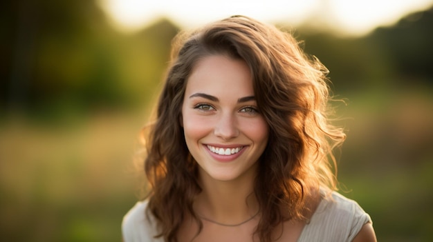 junge Frau mit braunen Haaren lächelt und schaut nach draußen in die Kamera