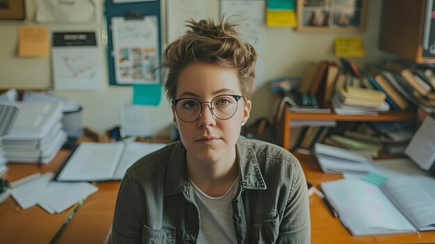 Foto junge frau mit brille sitzt im büro