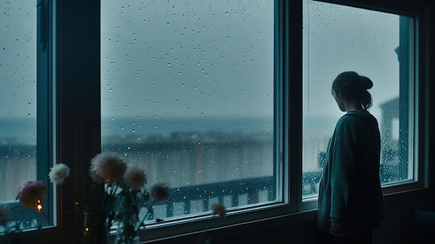 Junge Frau mit dem Rücken, die durch das Fenster auf den Regen am Strand blickt