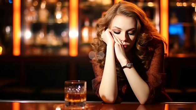 Junge Frau mit einem Glas Getränk in einer Bar Alkoholismusproblem