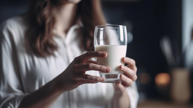 Junge Frau mit einem Glas Milch in der Küche hautnah