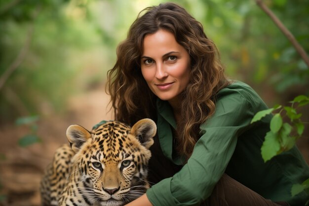 Junge Frau mit einem Leoparden im Wald Naturschutzaktivist