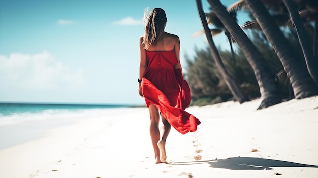 Junge Frau mit einem roten Kleid, die am Strand spaziert, ai generative Illustration