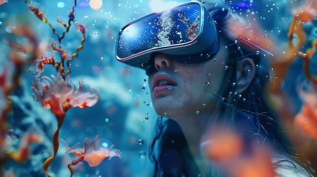 Foto junge frau mit einem virtual-reality-headset erkundet eine unterwasserwelt