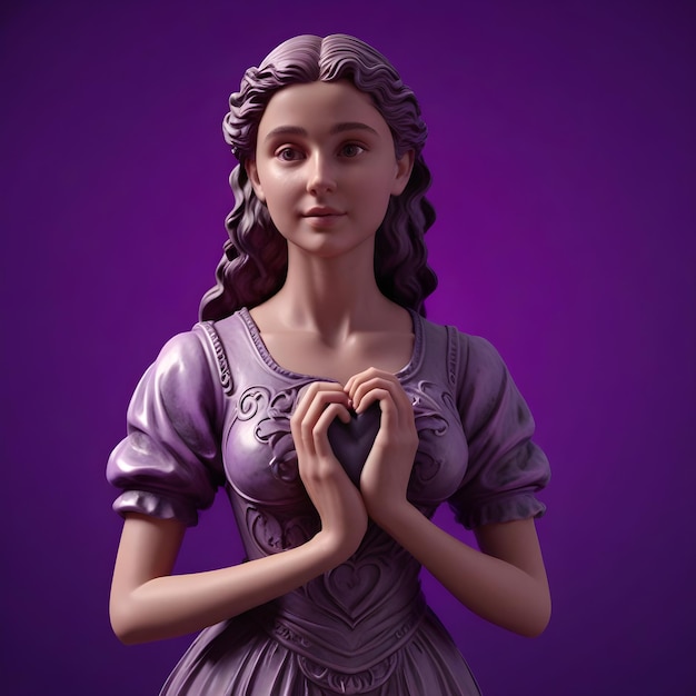 Junge Frau mit einer antiken Statue, die eine Herzform zeigt, mit Händen, die auf einem lila Hintergrund isoliert sind