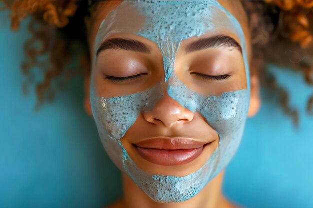 Junge Frau mit einer KI-generierten Hautpflege-Maske auf dem Gesicht