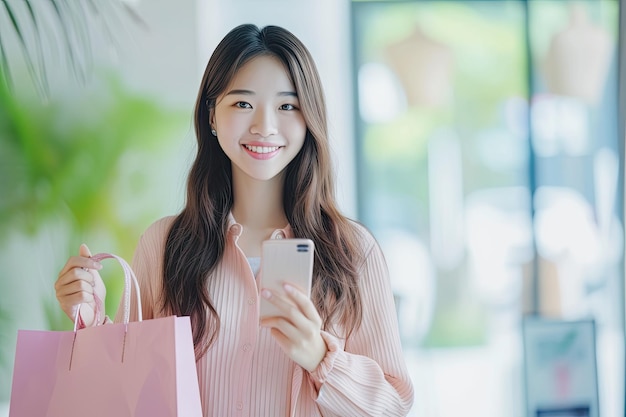 Junge Frau mit Einkaufstasche beim Handy benutzen
