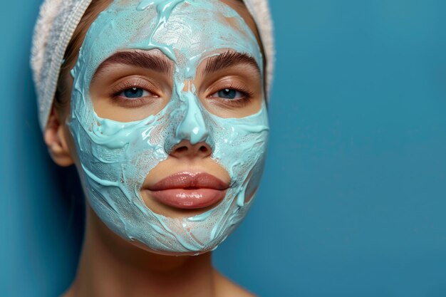 Junge Frau mit erfrischender Gesichtsmaske posiert auf blauem Hintergrund für Schönheits- und Hautpflege-Konzept