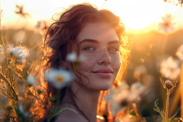 Junge Frau mit Freckles genießt einen ruhigen Sonnenuntergang in einem Wildblumenfeld