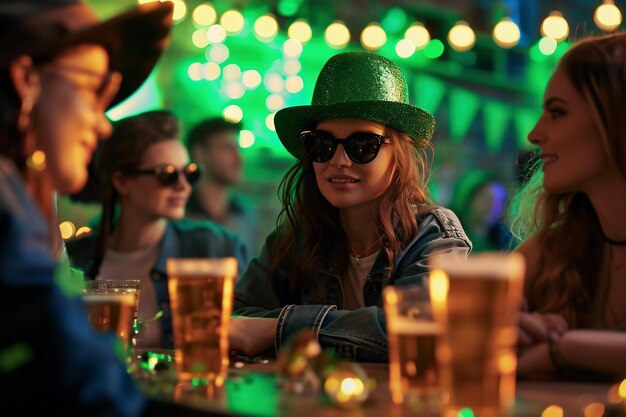 Foto junge frau mit grünem hut und grünem cocktail auf dem hintergrund des nachtclubs st. patrick's day party