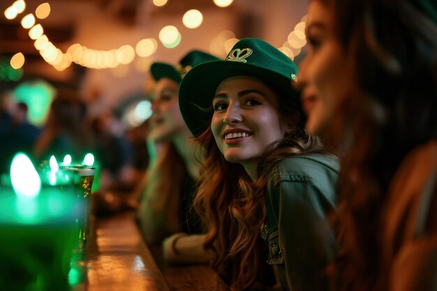 Foto junge frau mit grünem hut und grünem cocktail auf dem hintergrund des nachtclubs st. patrick's day party