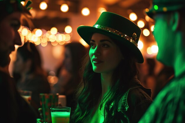 Junge Frau mit grünem Hut und grünem Cocktail auf dem Hintergrund des Nachtclubs St. Patrick's Day Party