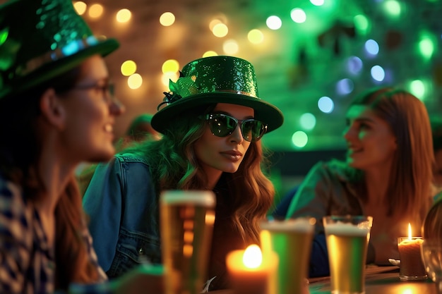 Foto junge frau mit grünem hut und grünem cocktail auf dem hintergrund des nachtclubs st. patrick's day party