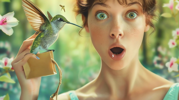 Foto junge frau mit grünen augen und freckles hält einen kolibri in der hand der kolibri fliegt zu ihrem mund