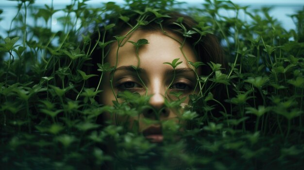 Junge Frau mit grünen Blättern im Gesicht Natürliches Schönheitskonzept Generative KI