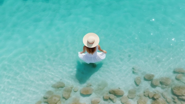 Junge Frau mit Hut entspannt sich im Meer